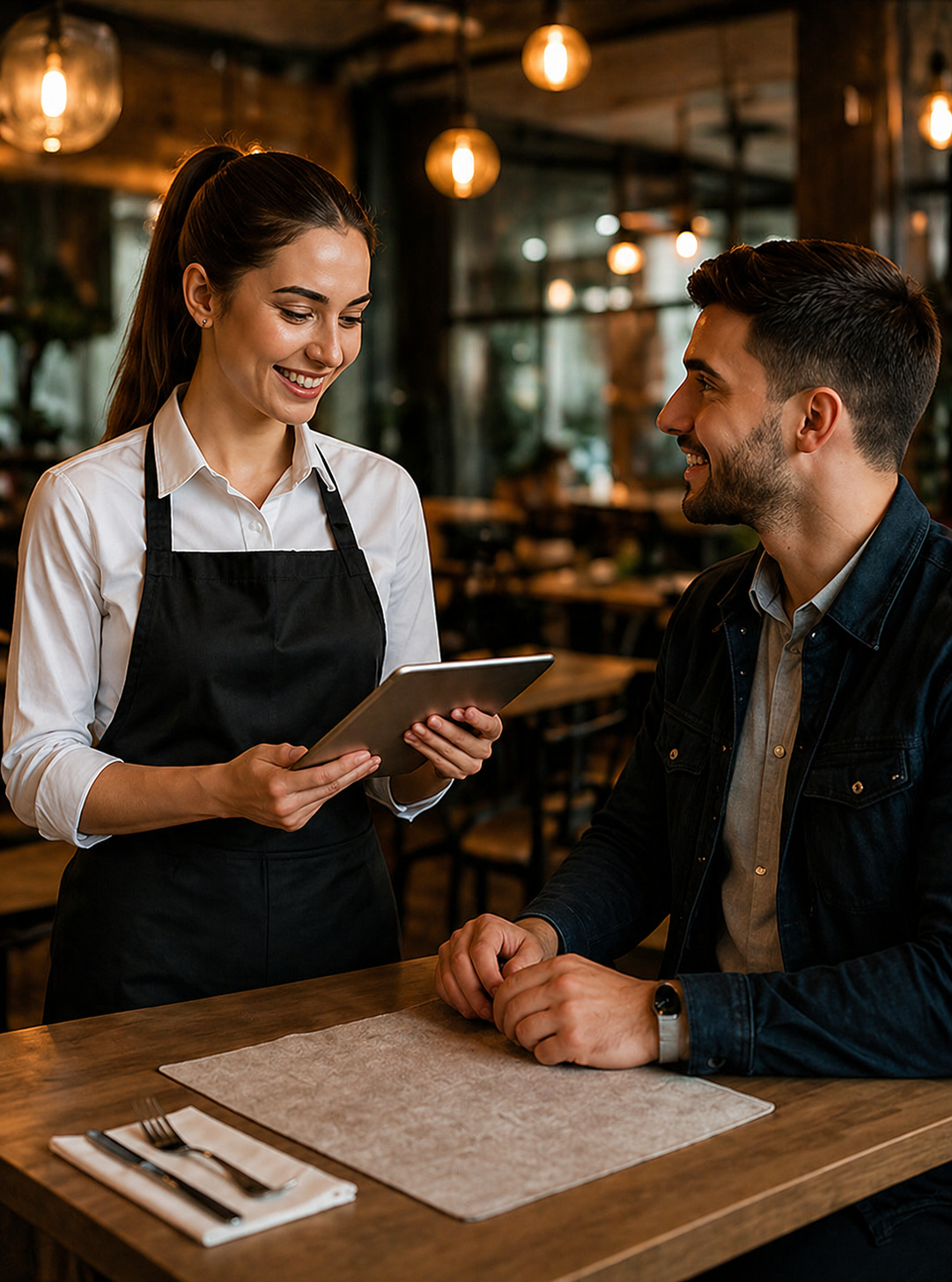 Restaurant çalışanı müşteriyle ilgileniyor
